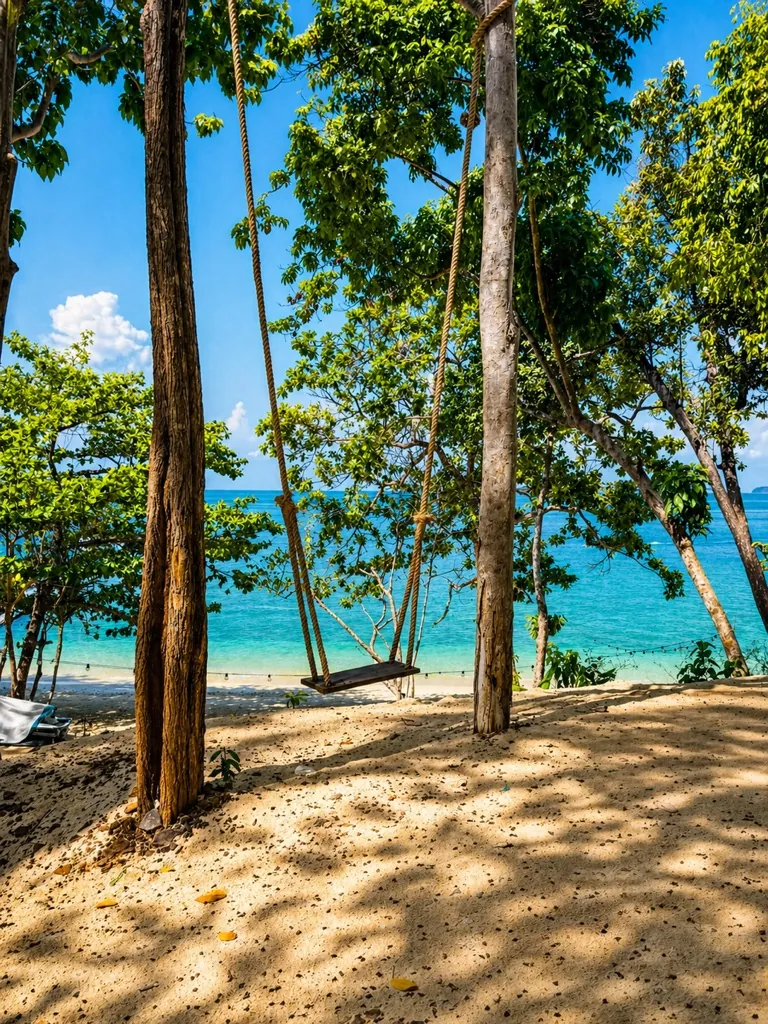 Balançoire suspendue entre deux arbres, face à une mer turquoise