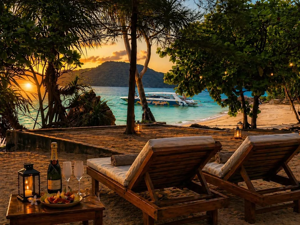 Champagne, fruits frais et transats face au coucher de soleil, le bateau au mouillage