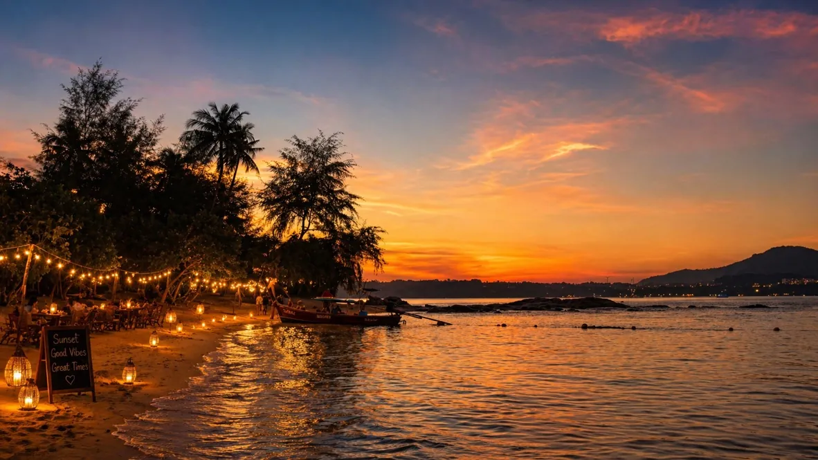 Guirlandes lumineuses et lanternes le long de la plage au coucher du soleil