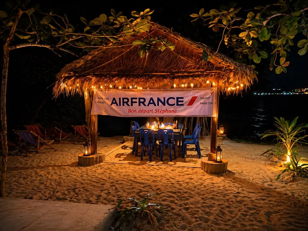 Paillote éclairée et table dressée pour une soirée privatisée sur la plage